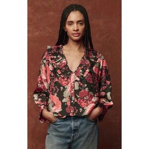 NEW The GREAT Symphony Top Black Floral Print Ruffle V Neck Button Front Size 2